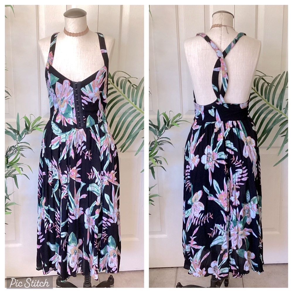 Kimchi Blue Black Midi Dress with Pastel Floral Print